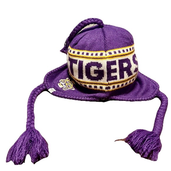 LSU Tigers '47 Brand Knit Trapper Beanie Hat Purple Gold Ear Flap Winter Cap - Picture 1 of 13